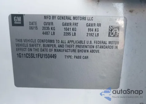 2015 Chevrolet Malibu 1Lt from USA, damaged, VIN 1G11C5SL1FU150449
